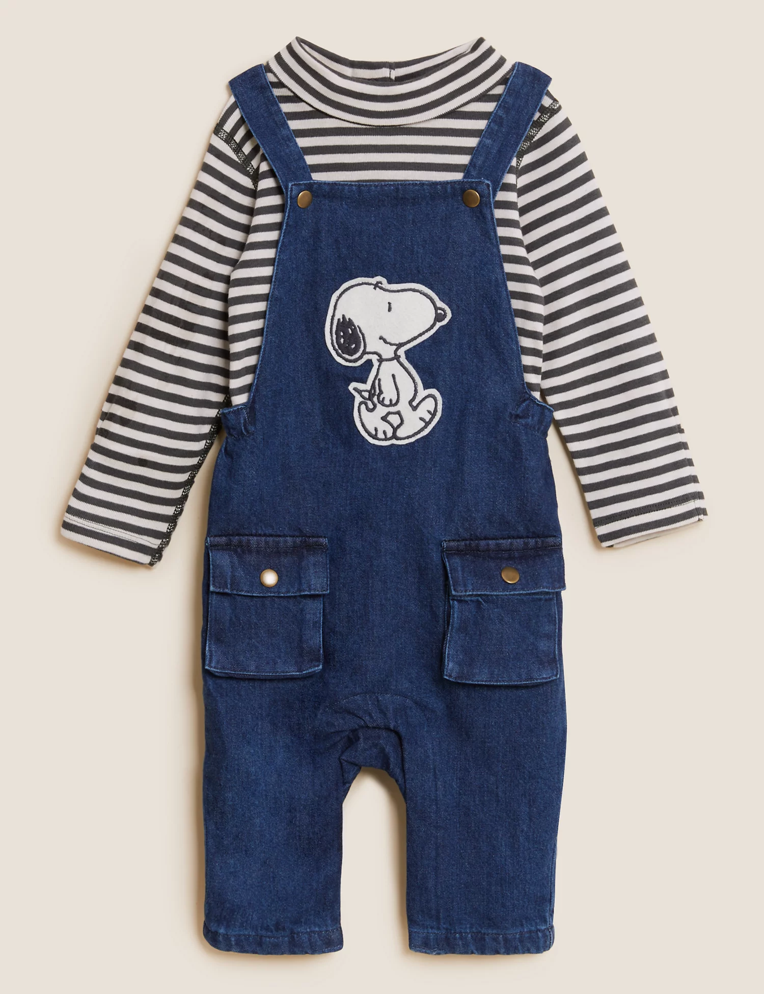 Denim dungaree and striped long-sleeve top set
