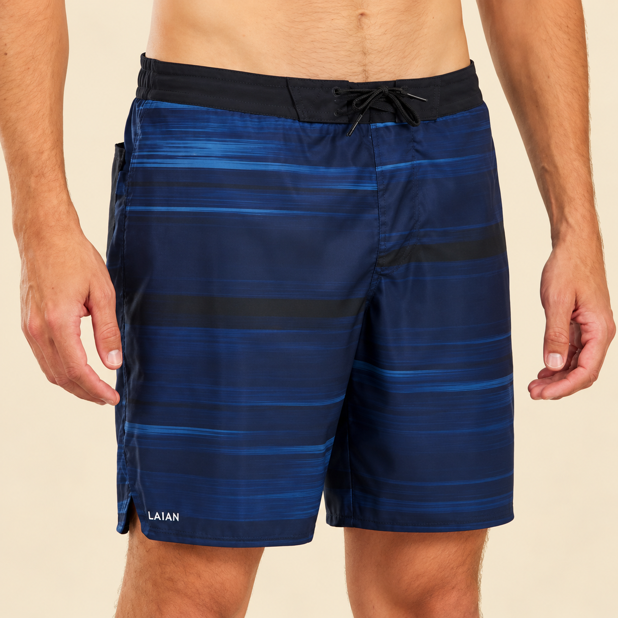 Model wearing navy and royal-blue striped boardshorts