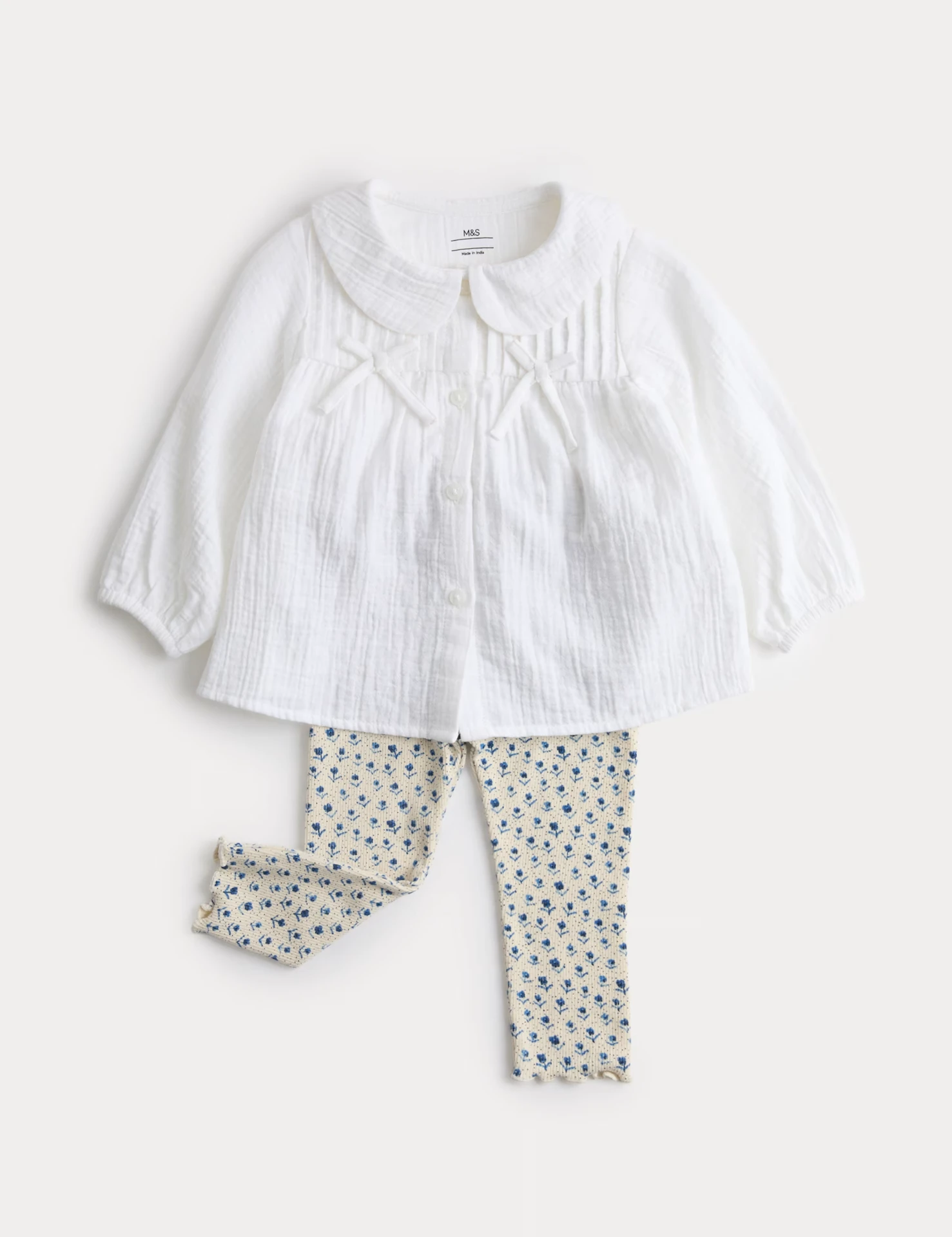 Two-piece cotton bow blouse with printed leggings set