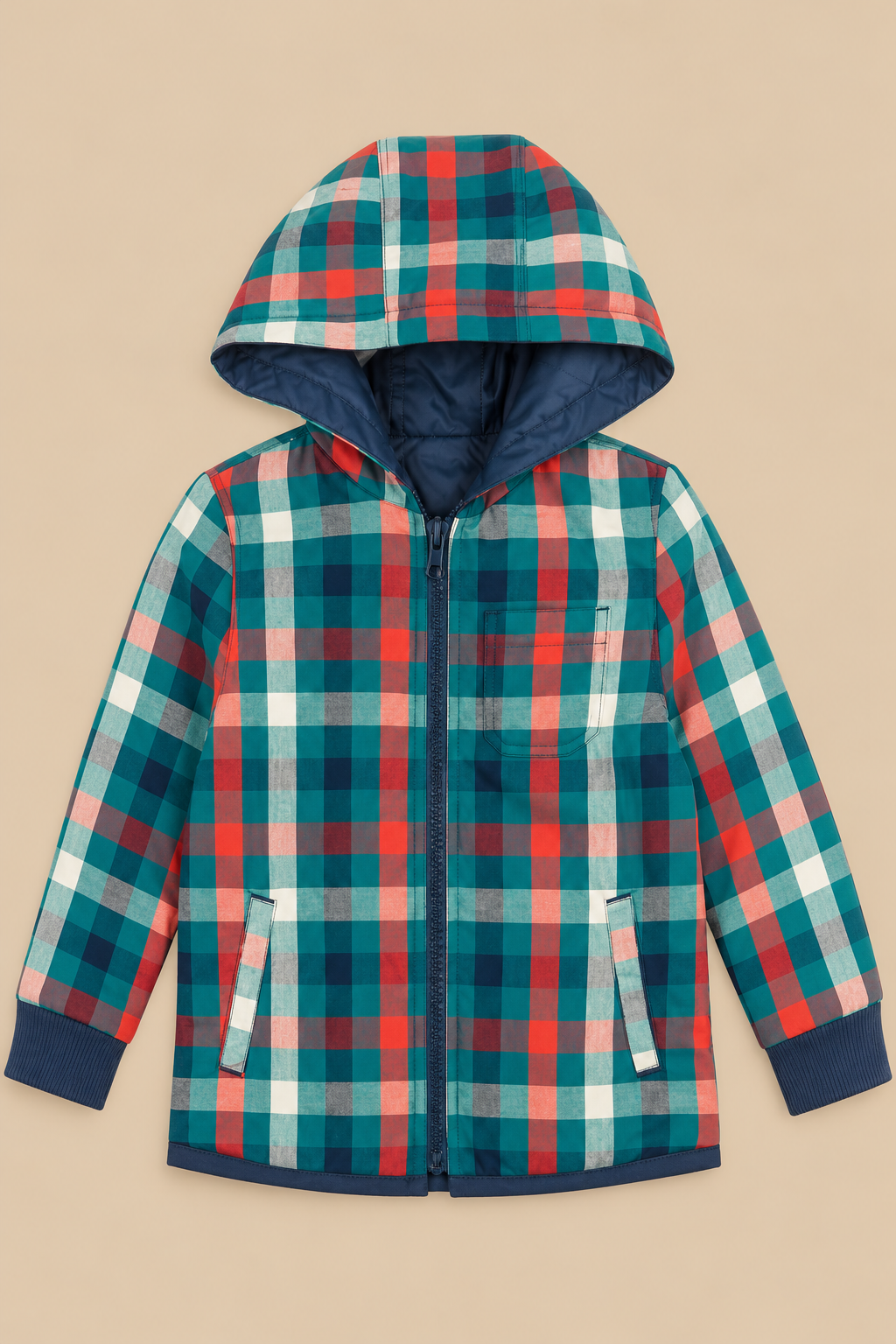 Hooded zip-front kids jacket in teal, red and navy check with navy trim