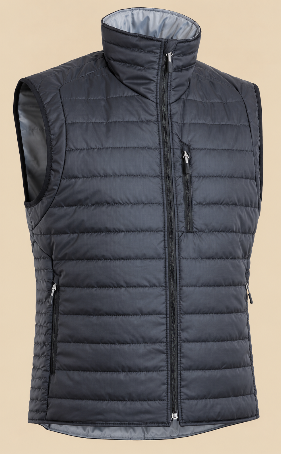 Charcoal quilted puffer vest with a grey lining