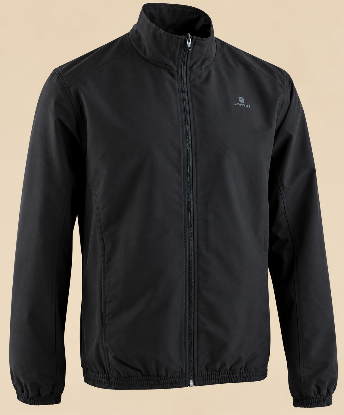 Black zip-front softshell jacket with a stand-up collar