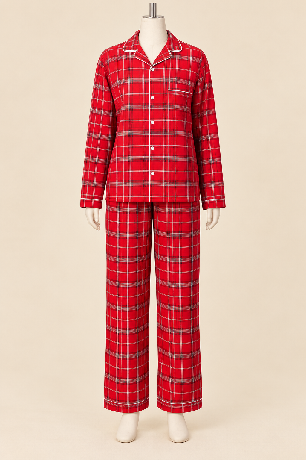 Red plaid pajama set with white piping, shown on a mannequin