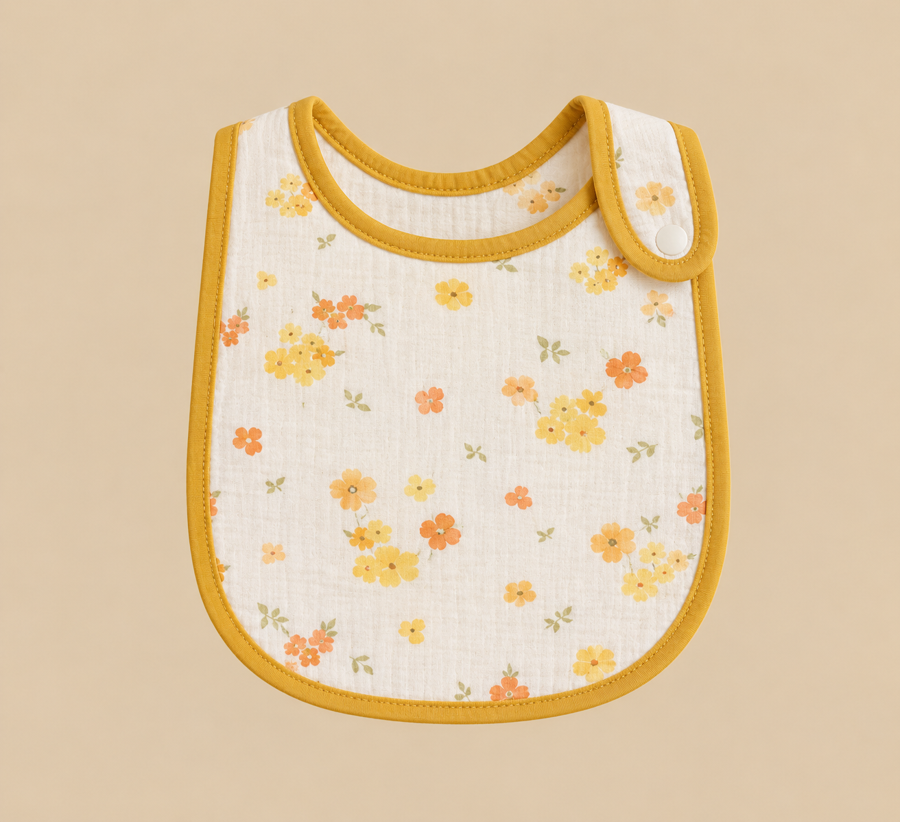 Floral muslin baby bib with mustard trim