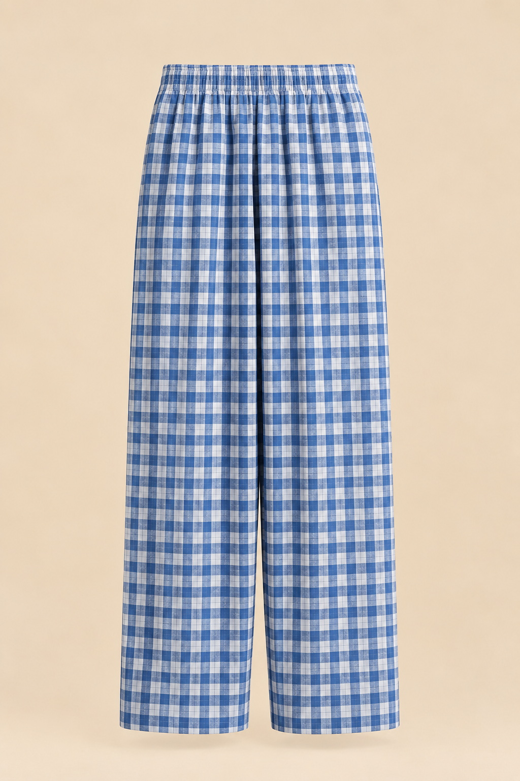 Blue and white gingham wide-leg lounge pants with an elastic waist