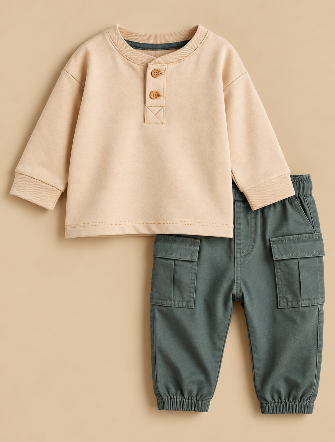 Flat lay of a beige long-sleeve henley with slate-green cargo joggers
