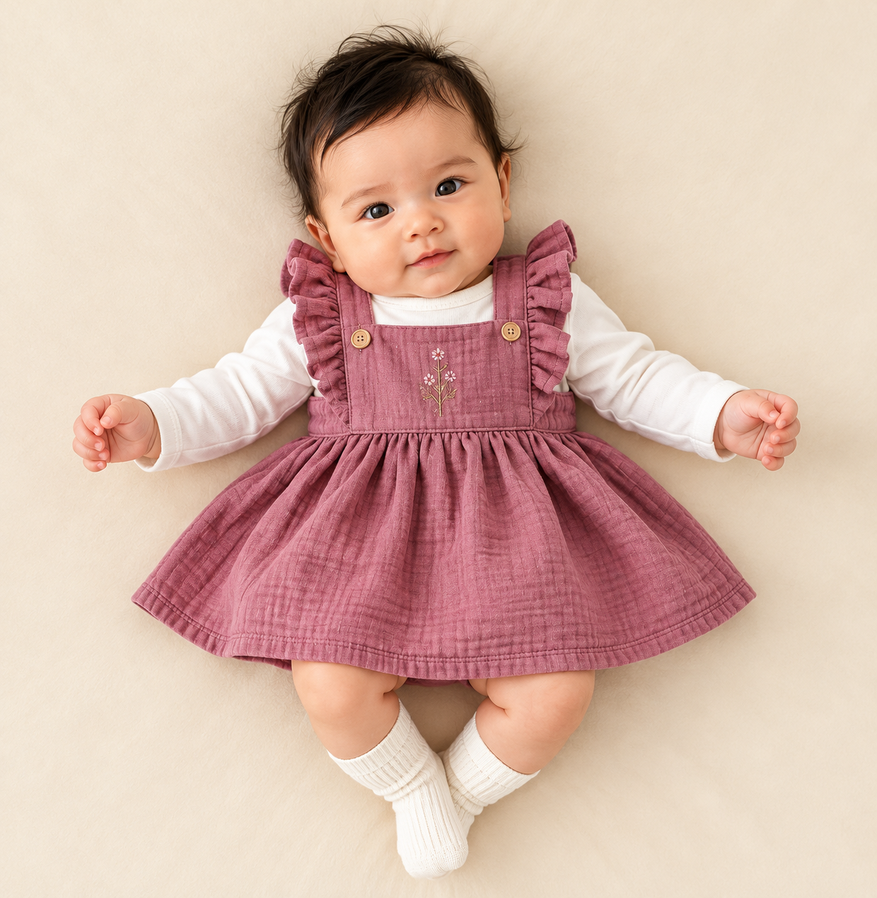 Baby wearing a mauve floral pinafore dress