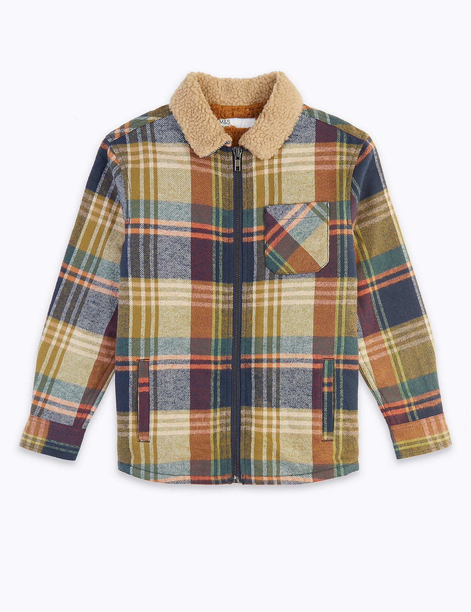 Flat lay of a zip-up plaid jacket with a cream sherpa collar